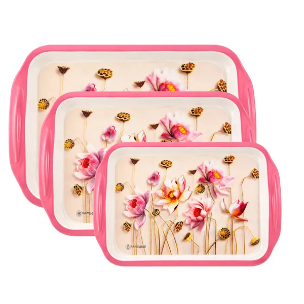 BS_Melamine_Luxury_Lotus_Bloom_Serving_Tray_Set_of_3_Premium_Pink_Floral_Art_Print_Tea,_Coffee_And_Snacks_Trays_with_Handles_Sizes_41x27x4_cm,_34x23x4_cm_And_28x19x3_cm_Product_Code:_LUXURYSXMXL_LT-2