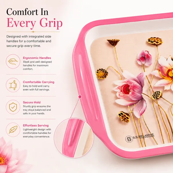 BS_Melamine_Luxury_Lotus_Bloom_Serving_Tray_Set_of_3_Premium_Pink_Floral_Art_Print_Tea,_Coffee_And_Snacks_Trays_with_Handles_Sizes_41x27x4_cm,_34x23x4_cm_And_28x19x3_cm_Product_Code:_LUXURYSXMXL_LT-2