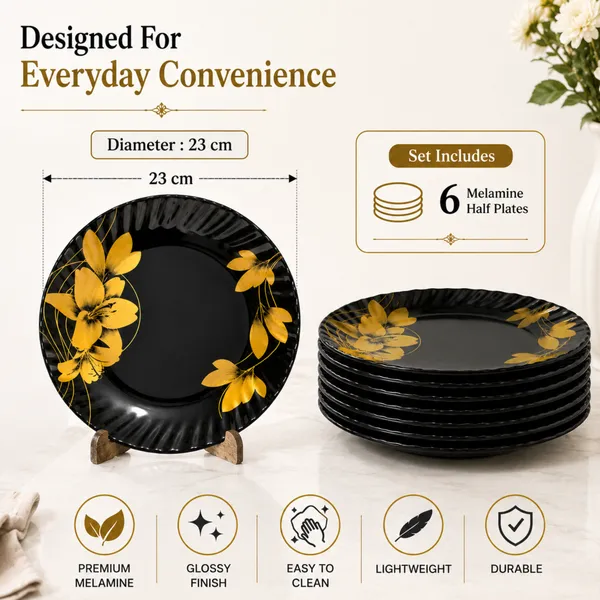 Celebrations_B2_Luxury_Melamine_Half_Plate_Set_(6_Pieces)_23_cm_Black_And_Gold_Floral_Dinnerware_Elegant_Designer_Snack_And_Dinner_Plates_Durable,_Glossy_Finish