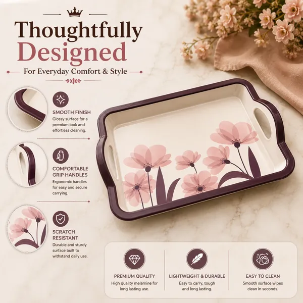 TAJ_Melamine_Serving_Tray_Small_Size_27_cm_Durable_Multipurpose_Tea_And_Snacks_Serving_Tray_Elegant_Floral_Design_Easy_Grip_Handles_Product_Code:_TT-4