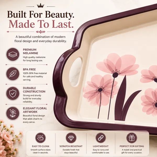 TAJ_Melamine_Serving_Tray_Small_Size_27_cm_Durable_Multipurpose_Tea_And_Snacks_Serving_Tray_Elegant_Floral_Design_Easy_Grip_Handles_Product_Code:_TT-4