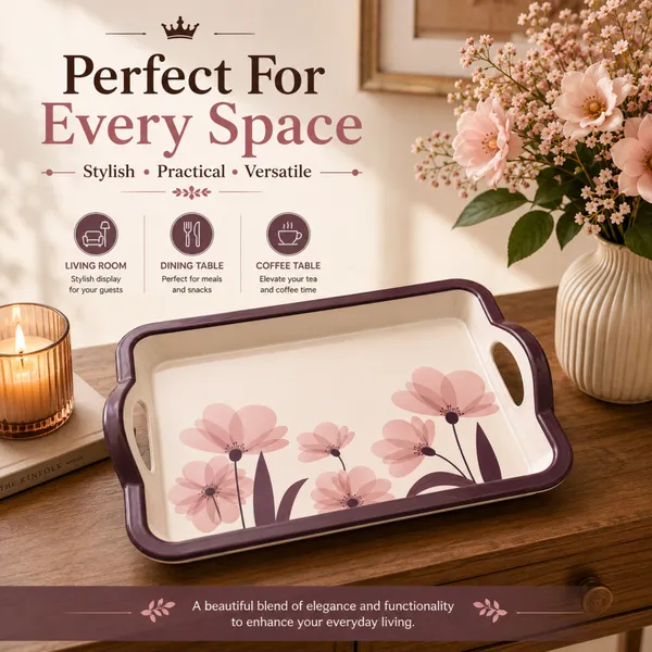 TAJ_Melamine_Serving_Tray_Small_Size_27_cm_Durable_Multipurpose_Tea_And_Snacks_Serving_Tray_Elegant_Floral_Design_Easy_Grip_Handles_Product_Code:_TT-4