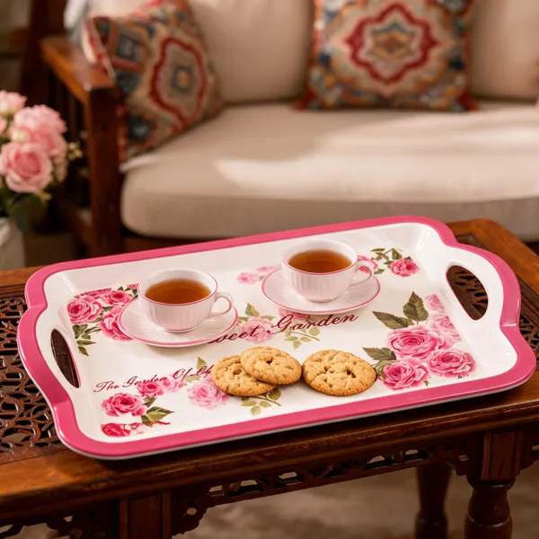TAJ_Melamine_Serving_Tray_Small_Size_27_cm_Durable_Multipurpose_Tea_And_Snacks_Serving_Tray_Elegant_Rose_Floral_Design_Easy_Grip_Handles