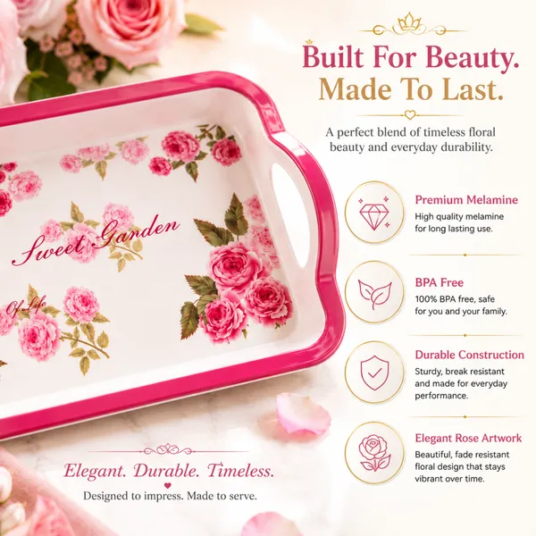 TAJ_Melamine_Serving_Tray_Small_Size_27_cm_Durable_Multipurpose_Tea_And_Snacks_Serving_Tray_Elegant_Rose_Floral_Design_Easy_Grip_Handles