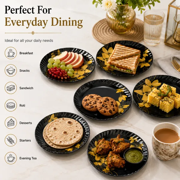 Celebrations_B2_Luxury_Melamine_Half_Plate_Set_(6_Pieces)_23_cm_Black_And_Gold_Floral_Dinnerware_Elegant_Designer_Snack_And_Dinner_Plates_Durable,_Glossy_Finish