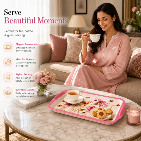 BS_Melamine_Luxury_Lotus_Bloom_Serving_Tray_Set_of_3_Premium_Pink_Floral_Art_Print_Tea,_Coffee_And_Snacks_Trays_with_Handles_Sizes_41x27x4_cm,_34x23x4_cm_And_28x19x3_cm_Product_Code:_LUXURYSXMXL_LT-2