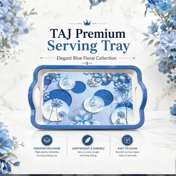 TAJ_Melamine_Serving_Tray_Small_Size_27_cm_Durable_Multipurpose_Tea_And_Snacks_Serving_Tray_Elegant_Butterfly_Floral_Design_Easy_Grip_Handles_Product_Code:_TT-5
