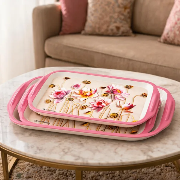 BS_Melamine_Luxury_Lotus_Bloom_Serving_Tray_Set_of_3_Premium_Pink_Floral_Art_Print_Tea,_Coffee_And_Snacks_Trays_with_Handles_Sizes_41x27x4_cm,_34x23x4_cm_And_28x19x3_cm_Product_Code:_LUXURYSXMXL_LT-2