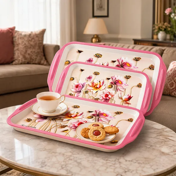 BS_Melamine_Luxury_Lotus_Bloom_Serving_Tray_Set_of_3_Premium_Pink_Floral_Art_Print_Tea,_Coffee_And_Snacks_Trays_with_Handles_Sizes_41x27x4_cm,_34x23x4_cm_And_28x19x3_cm_Product_Code:_LUXURYSXMXL_LT-2