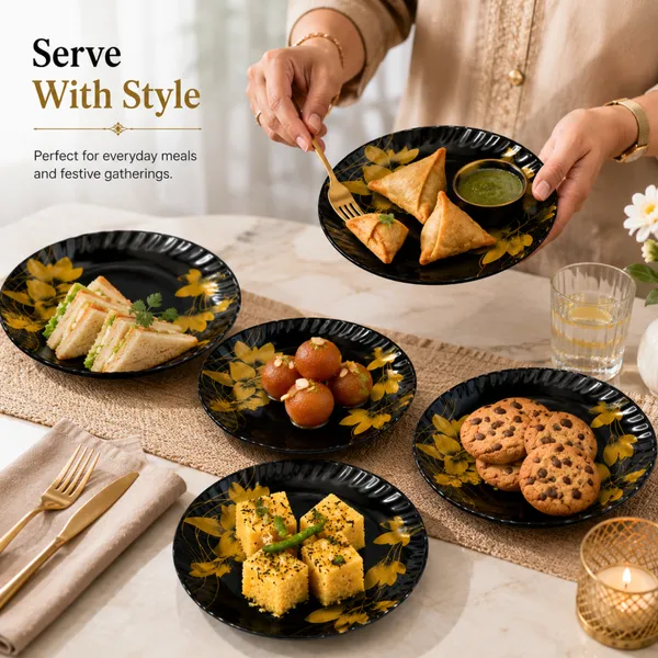 Celebrations_B2_Luxury_Melamine_Half_Plate_Set_(6_Pieces)_23_cm_Black_And_Gold_Floral_Dinnerware_Elegant_Designer_Snack_And_Dinner_Plates_Durable,_Glossy_Finish