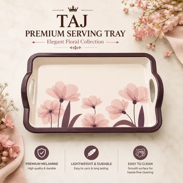 TAJ_Melamine_Serving_Tray_Small_Size_27_cm_Durable_Multipurpose_Tea_And_Snacks_Serving_Tray_Elegant_Floral_Design_Easy_Grip_Handles_Product_Code:_TT-4