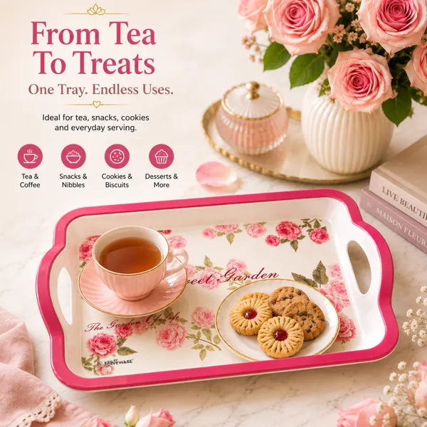 TAJ_Melamine_Serving_Tray_Small_Size_27_cm_Durable_Multipurpose_Tea_And_Snacks_Serving_Tray_Elegant_Rose_Floral_Design_Easy_Grip_Handles