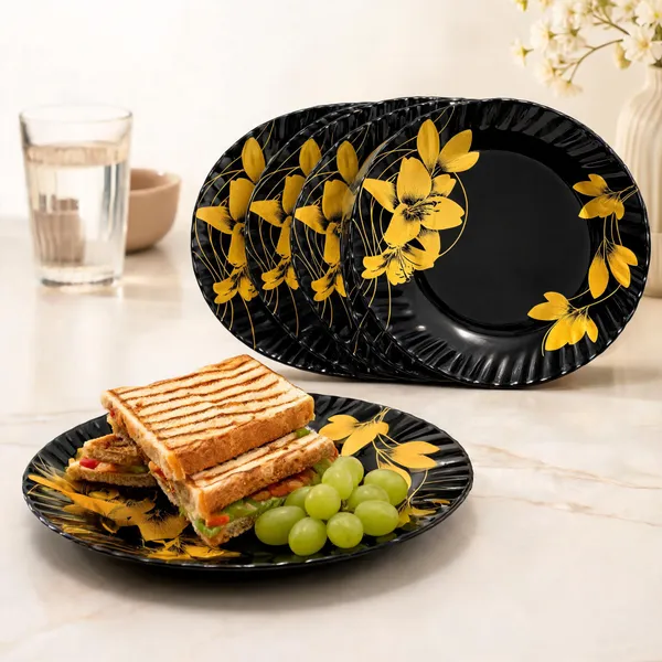Celebrations_B2_Luxury_Melamine_Half_Plate_Set_(6_Pieces)_23_cm_Black_And_Gold_Floral_Dinnerware_Elegant_Designer_Snack_And_Dinner_Plates_Durable,_Glossy_Finish