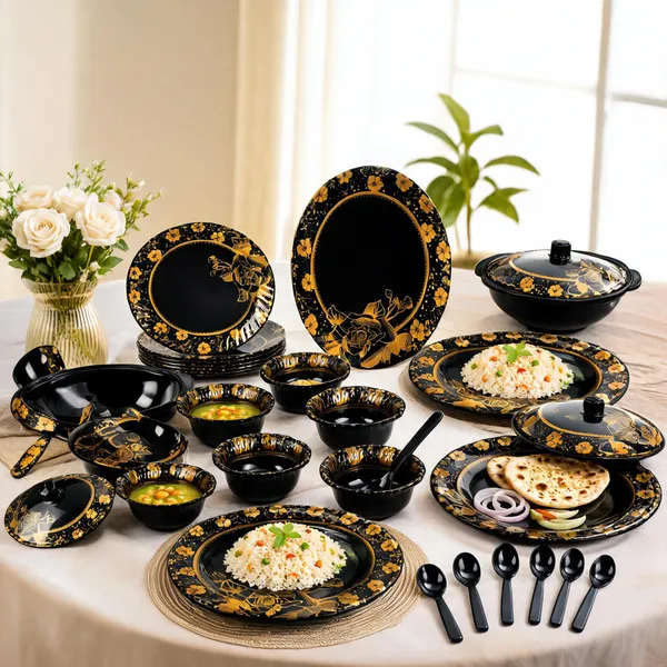 BS_Melamine_Celebration_B1_Dinner_Set_40_Pcs_Premium_Black_And_Gold_Floral_Design_Tableware_Set