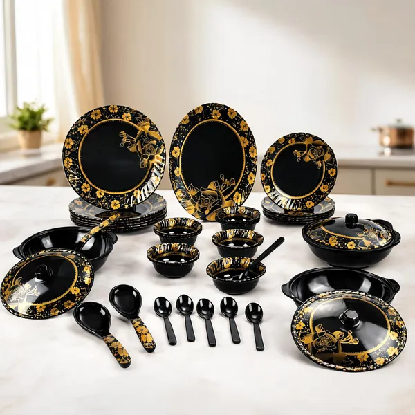 BS_Melamine_Celebration_B1_Dinner_Set_40_Pcs_Premium_Black_And_Gold_Floral_Design_Tableware_Set