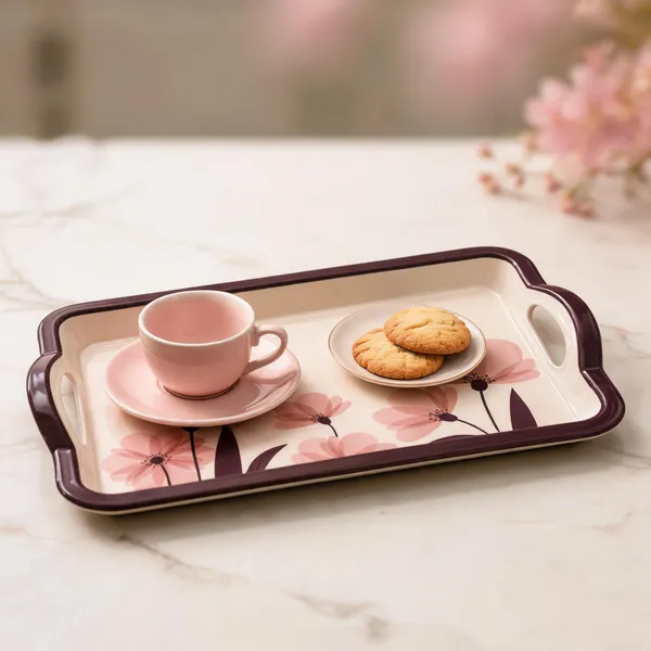 TAJ_Melamine_Serving_Tray_Small_Size_27_cm_Durable_Multipurpose_Tea_And_Snacks_Serving_Tray_Elegant_Floral_Design_Easy_Grip_Handles_Product_Code:_TT-4