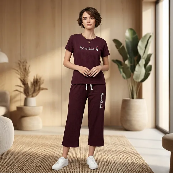 Brown_Jacquard_Capri_Night_Suit_For_Women