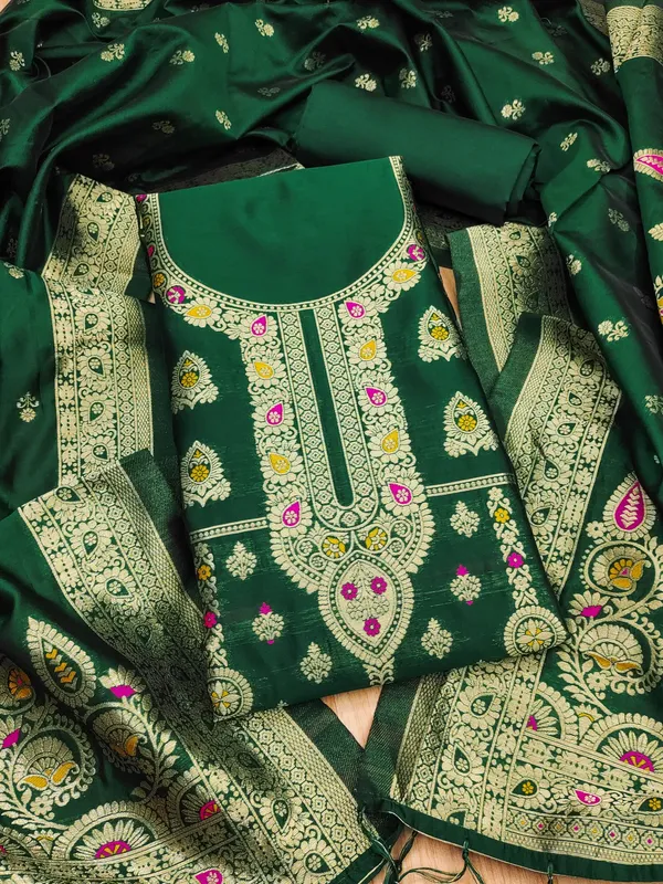 Green_Soft_Litchi_Banarasi_Silk_Weaving_Unstitched_Kurta_Set_For_Women