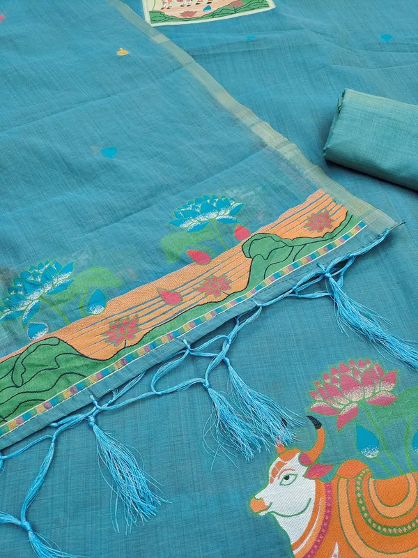 Sky_Blue_Jamdani_Banarasi_Cotton_Weaving_Unstitched_Kurta_Set_For_Women