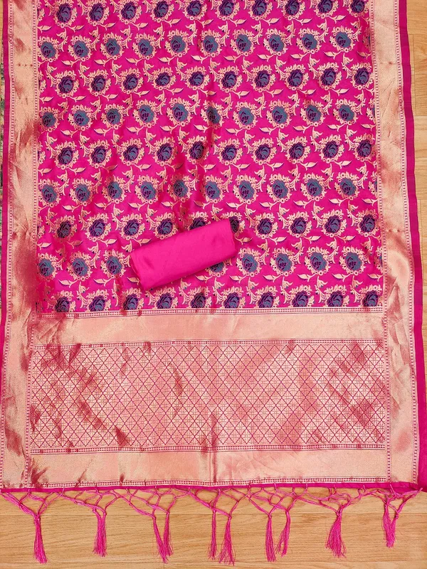 Rani_Pink_Soft_Litchi_Banarasi_Silk_Weaving_Unstitched_Kurta_Set_For_Women