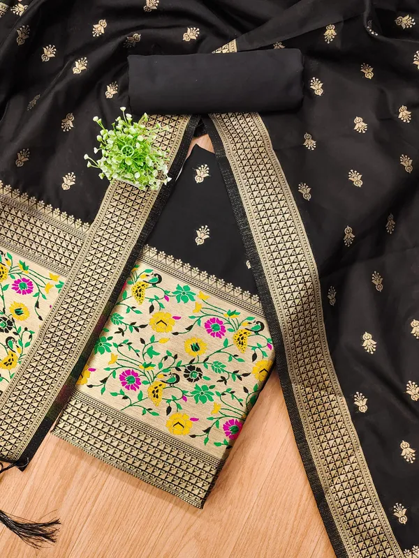 Black_Soft_Litchi_Banarasi_Silk_Weaving_Unstitched_Kurta_Set_For_Women