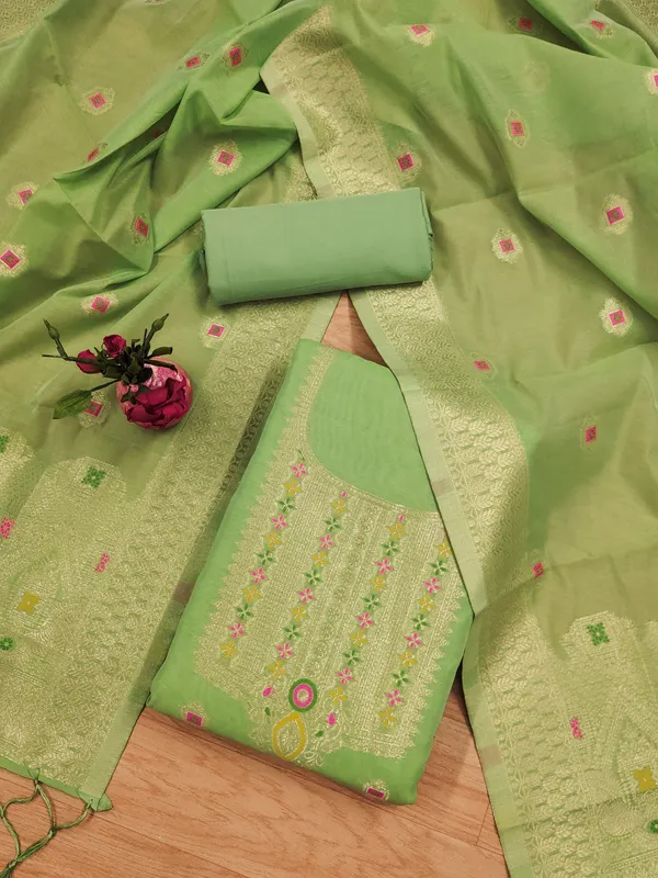 Pista_Chanderi_Banarasi_Cotton_Weaving_Unstitched_Kurta_Set_For_Women
