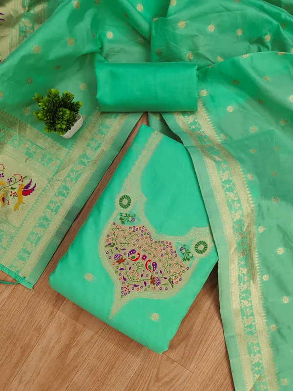 Sage_Green_Soft_Litchi_Banarasi_Silk_Weaving_Unstitched_Kurta_Set_For_Women