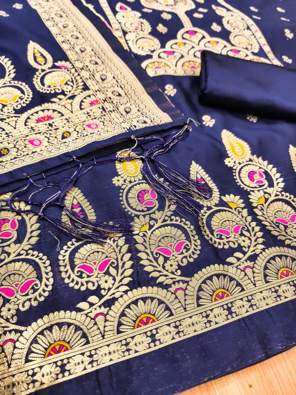 Navy_Blue_Soft_Litchi_Banarasi_Silk_Weaving_Unstitched_Kurta_Set_For_Women