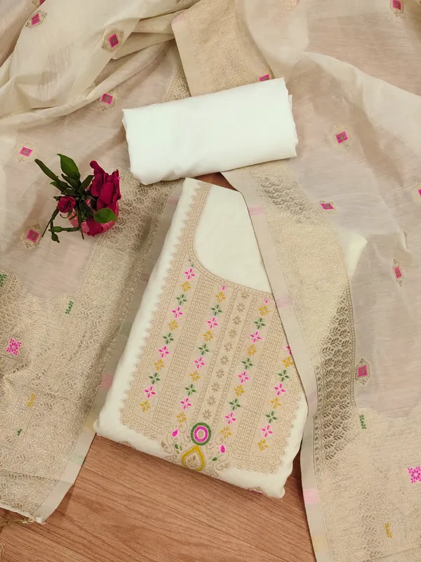 White_Chanderi_Banarasi_Cotton_Weaving_Unstitched_Kurta_Set_For_Women