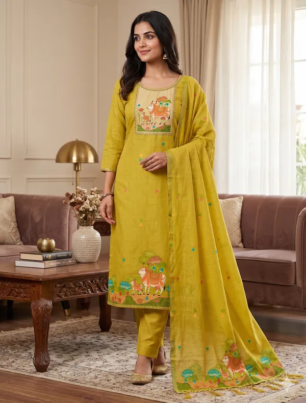 Yellow_Jamdani_Banarasi_Cotton_Weaving_Unstitched_Kurta_Set_For_Women