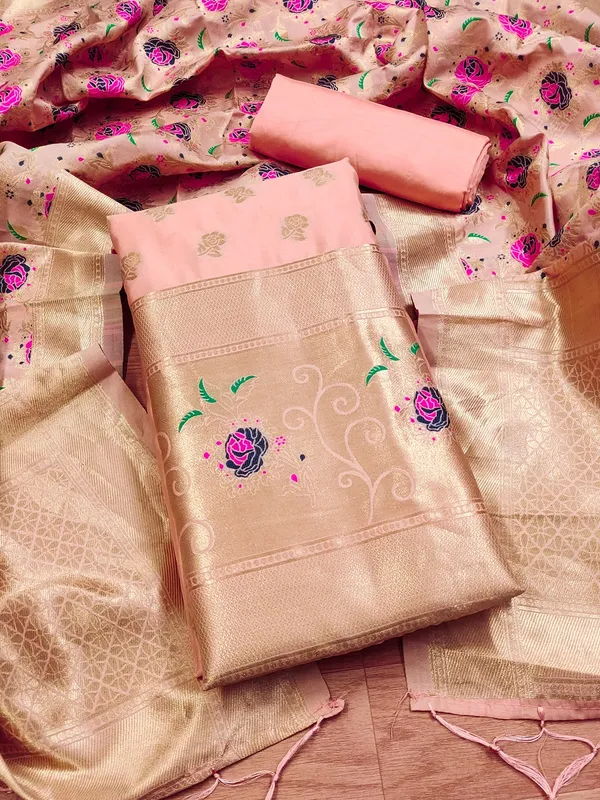Peach_Soft_Litchi_Banarasi_Silk_Weaving_Unstitched_Kurta_Set_For_Women