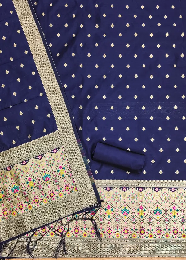 Navy_Blue_Soft_Litchi_Banarasi_Silk_Weaving_Unstitched_Kurta_Set_For_Women