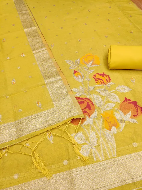 Yellow_Shimmer_Banarasi_Silk_Weaving_Unstitched_Kurta_Set_For_Women