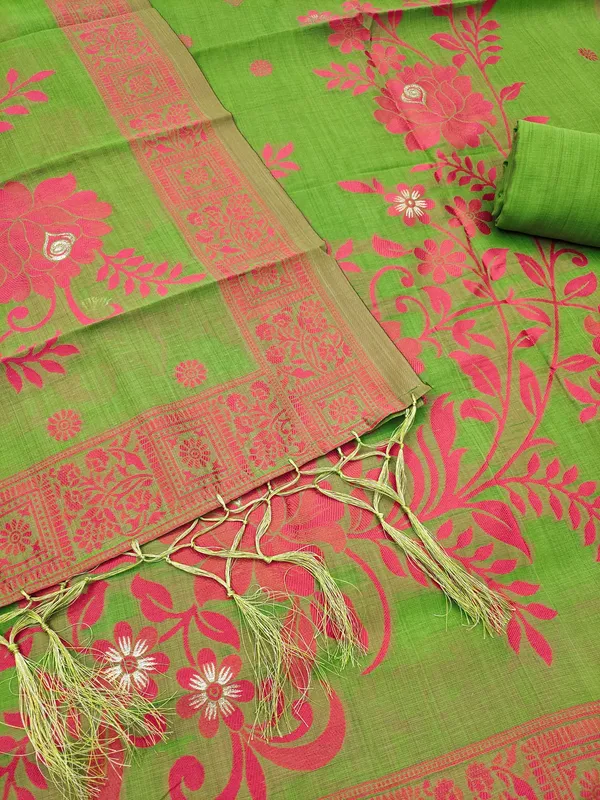 Pista_Jamdani_Banarasi_Cotton_Weaving_Unstitched_Kurta_Set_For_Women