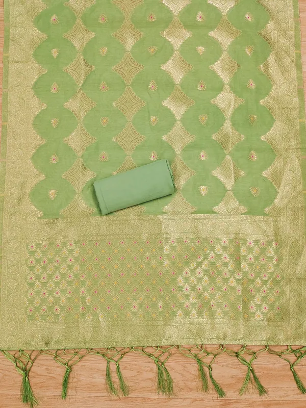 Pista_Chanderi_Banarasi_Cotton_Weaving_Unstitched_Kurta_Set_For_Women