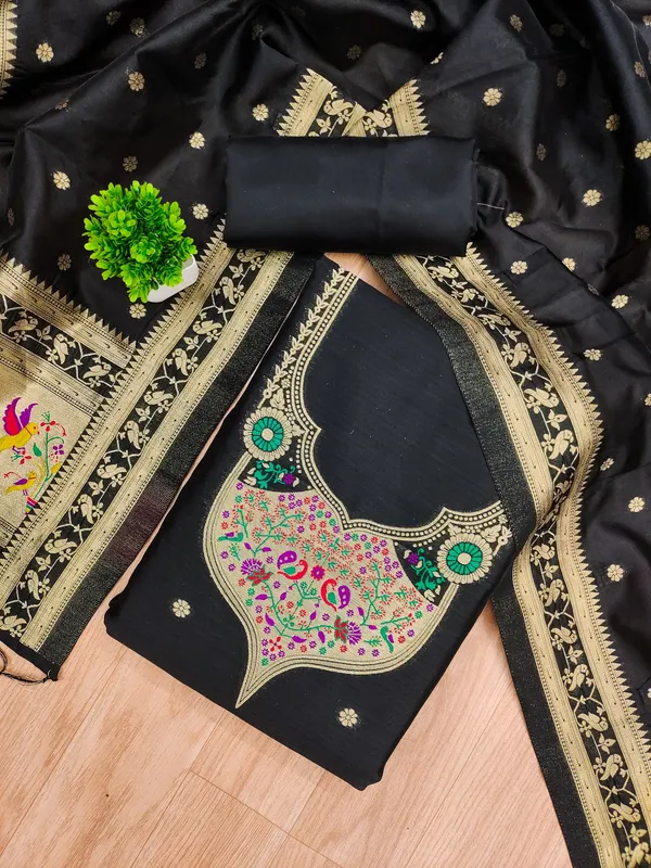 Black_Soft_Litchi_Banarasi_Silk_Weaving_Unstitched_Kurta_Set_For_Women