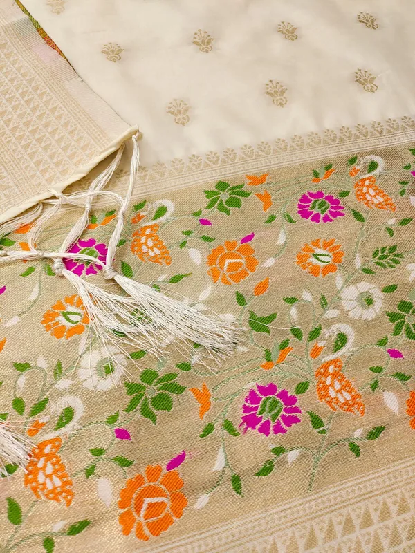 White_Soft_Litchi_Banarasi_Silk_Weaving_Unstitched_Kurta_Set_For_Women