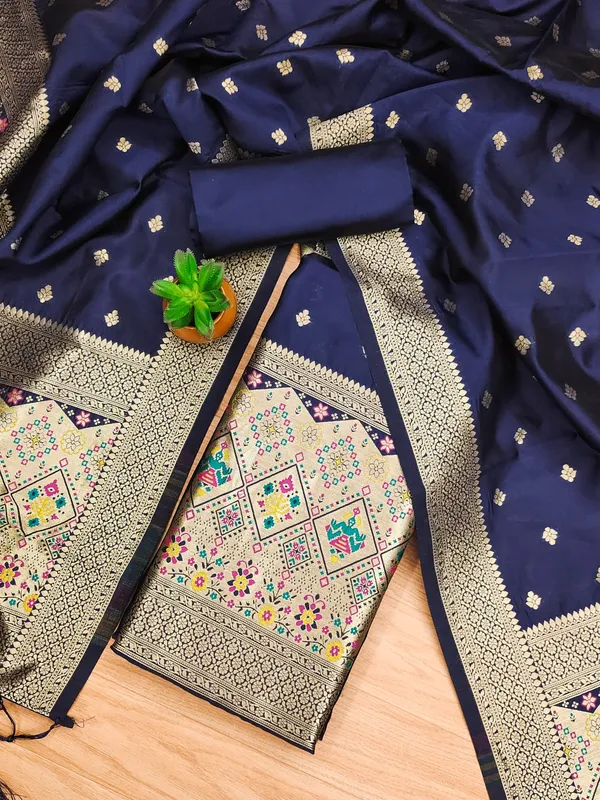 Navy_Blue_Soft_Litchi_Banarasi_Silk_Weaving_Unstitched_Kurta_Set_For_Women