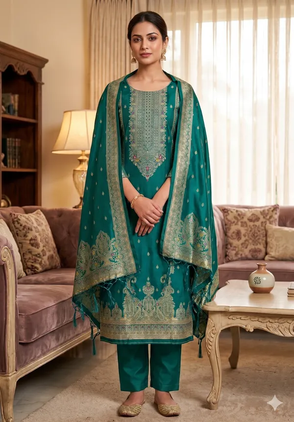 Teal_Soft_Litchi_Banarasi_Silk_Weaving_Unstitched_Kurta_Set_For_Women