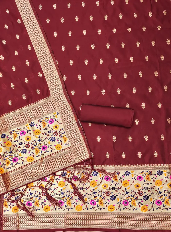 Maroon_Soft_Litchi_Banarasi_Silk_Weaving_Unstitched_Kurta_Set_For_Women