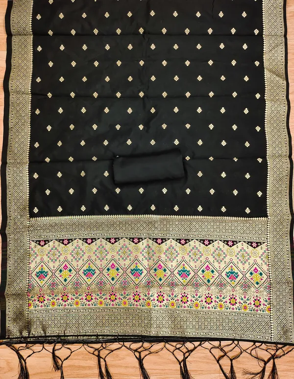 Black_Soft_Litchi_Banarasi_Silk_Weaving_Unstitched_Kurta_Set_For_Women