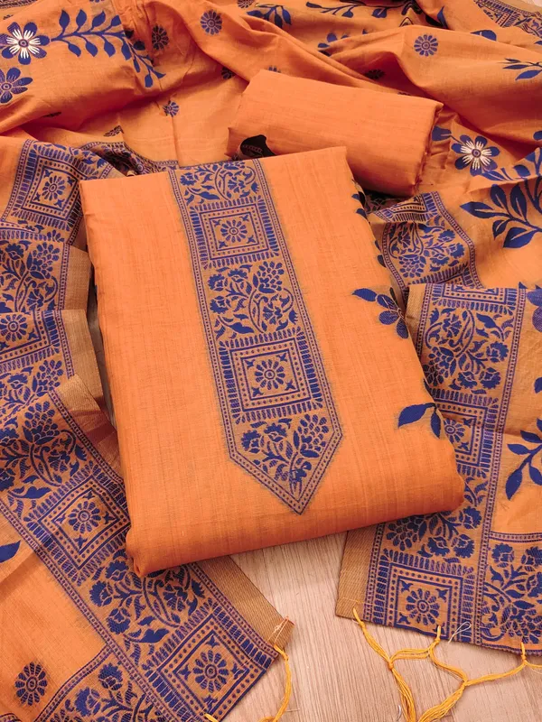 Orange_Jamdani_Banarasi_Cotton_Weaving_Unstitched_Kurta_Set_For_Women