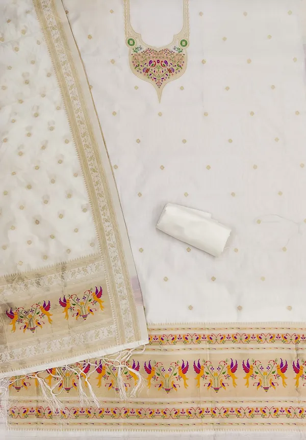 White_Soft_Litchi_Banarasi_Silk_Weaving_Unstitched_Kurta_Set_For_Women