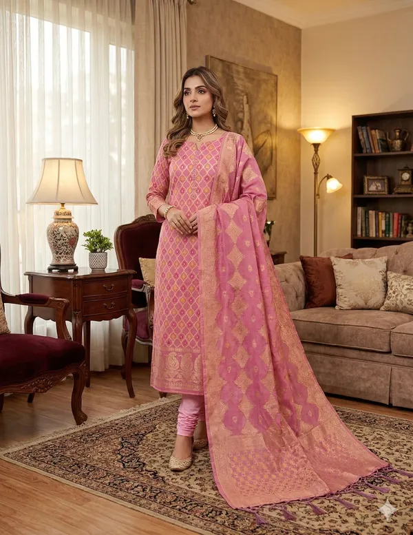 Pink_Chanderi_Banarasi_Cotton_Weaving_Unstitched_Kurta_Set_For_Women