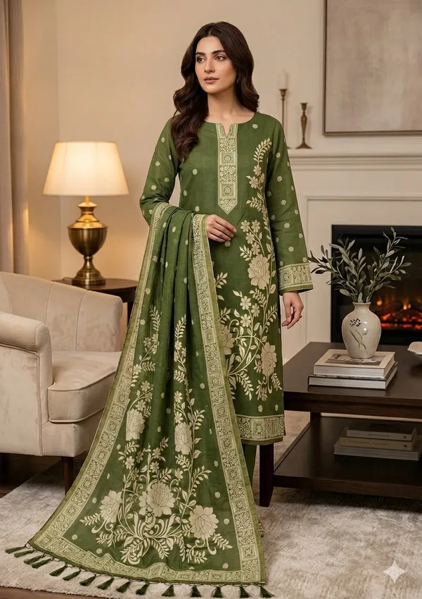 Mehendi_Jamdani_Banarasi_Cotton_Weaving_Unstitched_Kurta_Set_For_Women