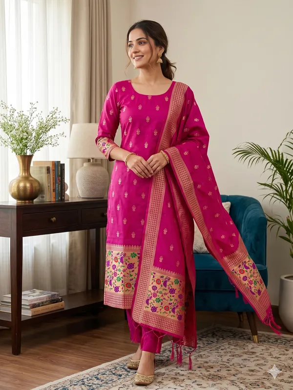 Pink_Soft_Litchi_Banarasi_Silk_Weaving_Unstitched_Kurta_Set_For_Women