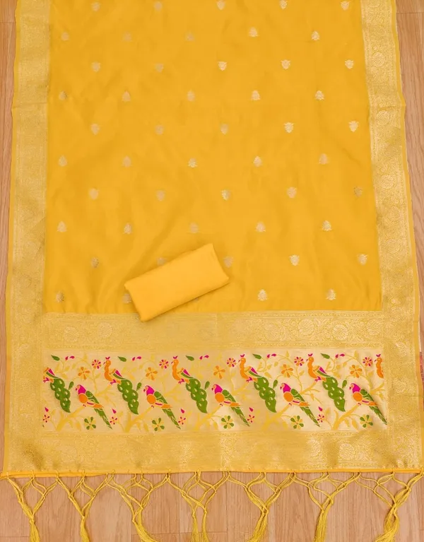 Yellow_Soft_Litchi_Banarasi_Silk_Weaving_Unstitched_Kurta_Set_For_Women