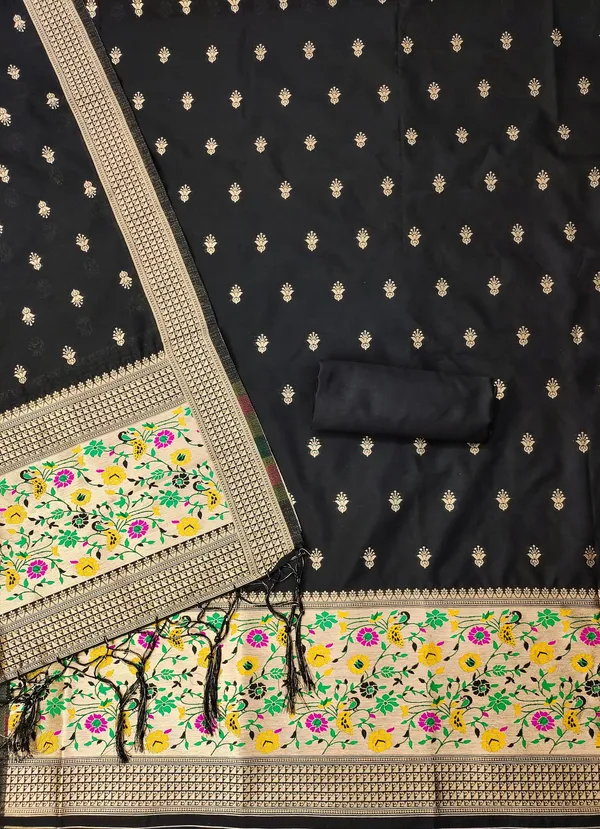 Black_Soft_Litchi_Banarasi_Silk_Weaving_Unstitched_Kurta_Set_For_Women