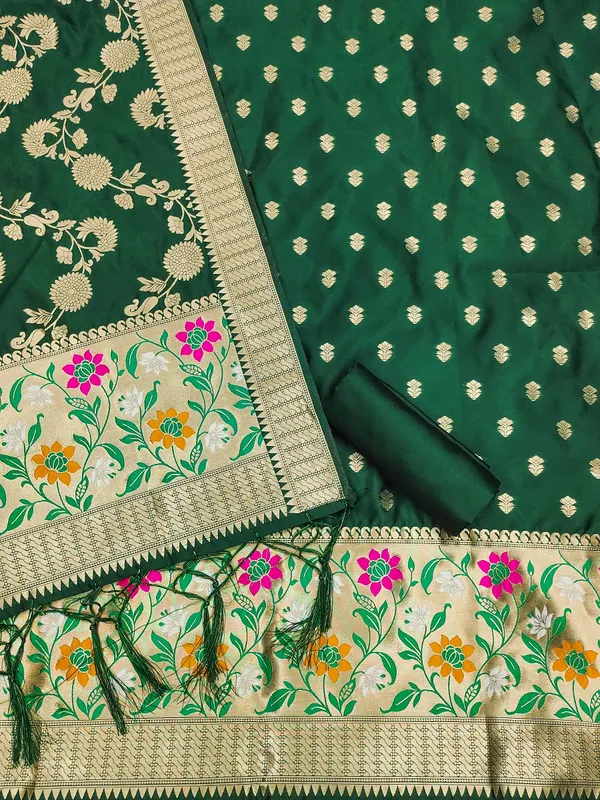 Bottle_Green_Soft_Litchi_Banarasi_Silk_Weaving_Unstitched_Kurta_Set_For_Women