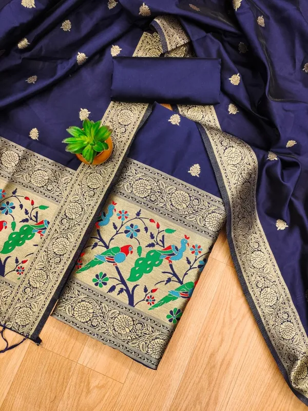 Navy_Blue_Soft_Litchi_Banarasi_Silk_Weaving_Unstitched_Kurta_Set_For_Women